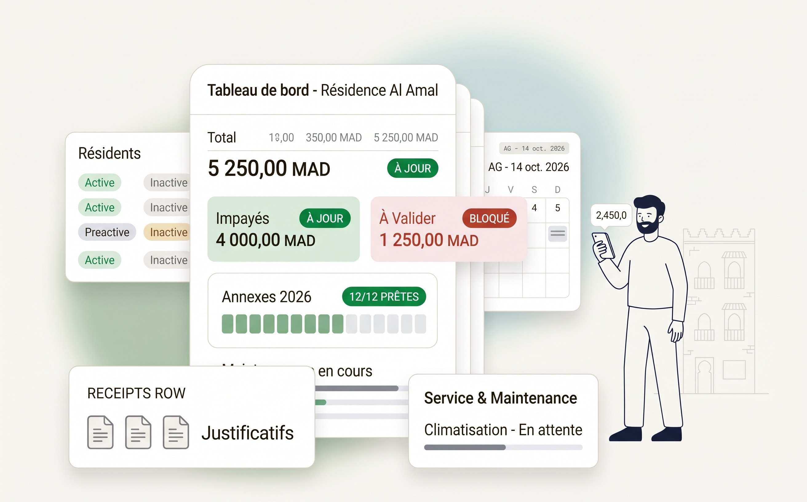 Espace résident : solde à jour, annexes prêtes, justificatifs et maintenance en cours