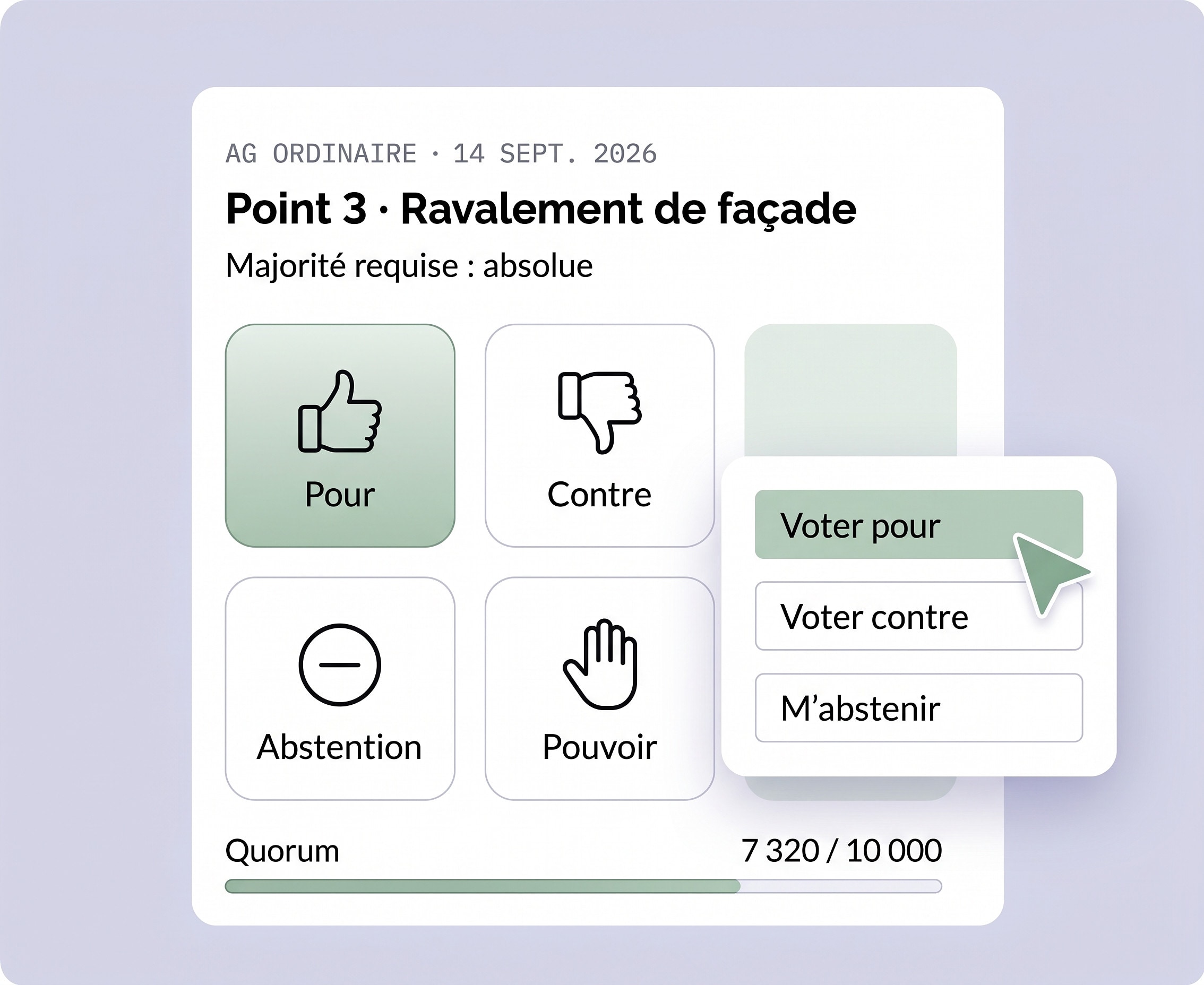Vote du point 3 en assemblée : le curseur choisit « Voter pour », quorum atteint