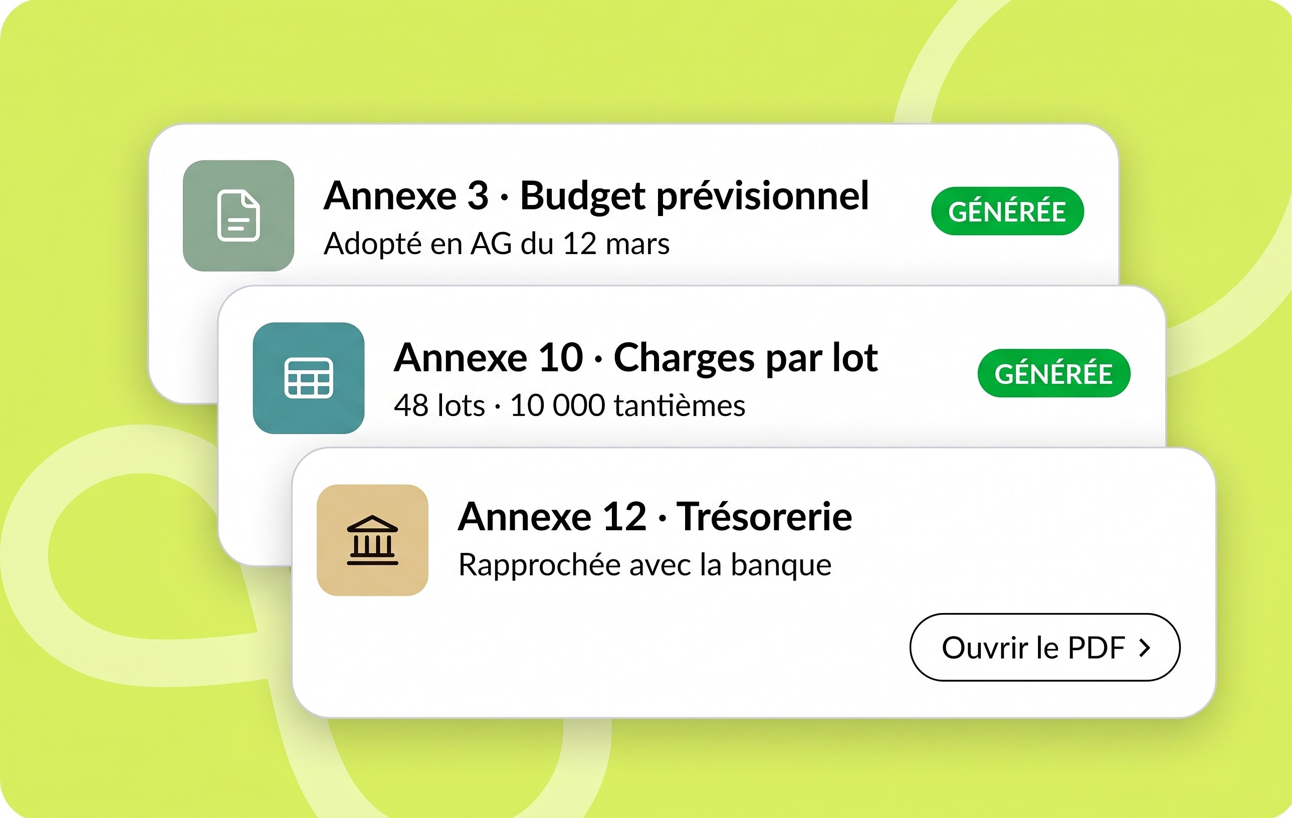 Trois annexes de l'exercice, générées, prêtes à ouvrir
