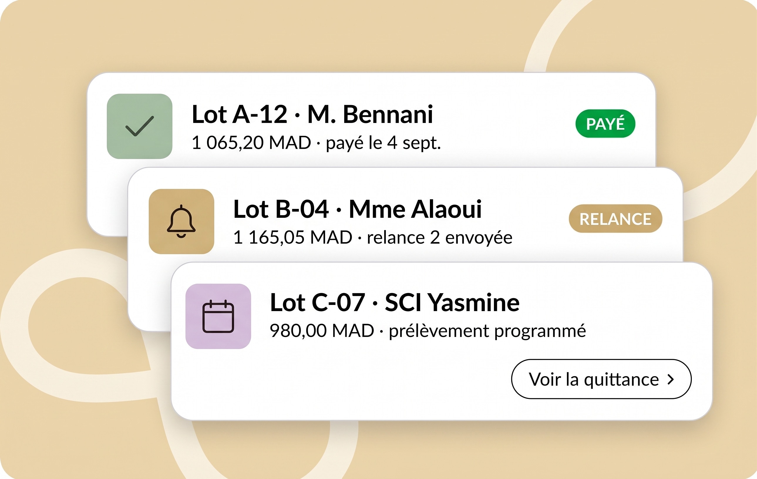 Trois appels de fonds : payé, en relance, prélèvement programmé