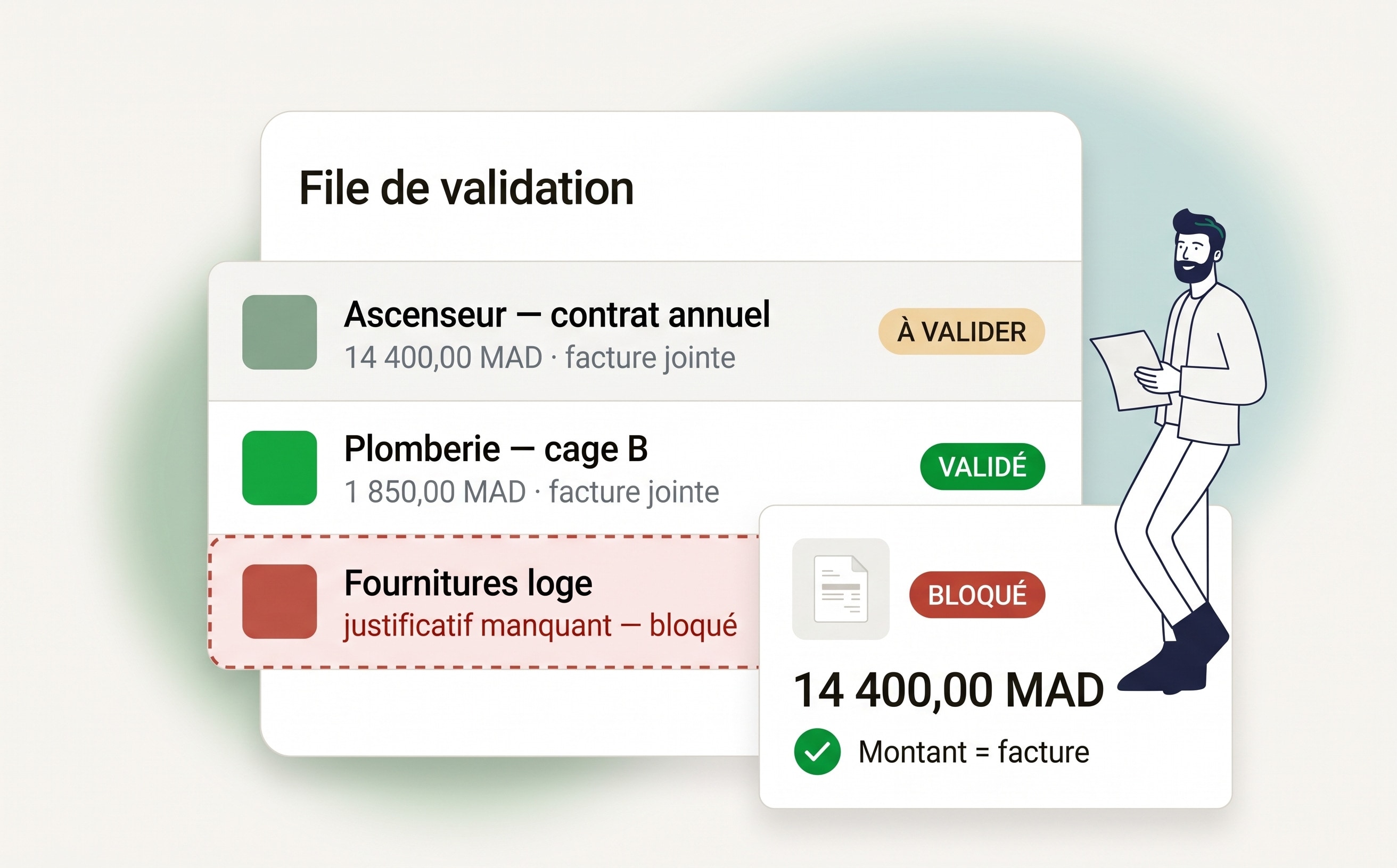 File de validation : une dépense à valider, une validée, une bloquée faute de justificatif