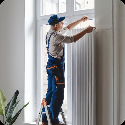 Technicien sur une échelle, intervenant sur un radiateur